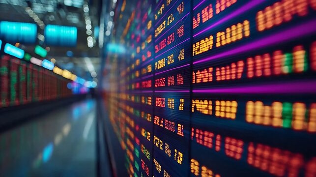 Vibrant and dynamic digital display with scrolling market ticker numbers and financial data  High tech electronic screen showing real time exchange information for business investment