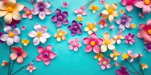 Vibrant paper flower arrangement on a teal background, showcasing a delightful springtime aesthetic with various colors and sizes of blossoms.