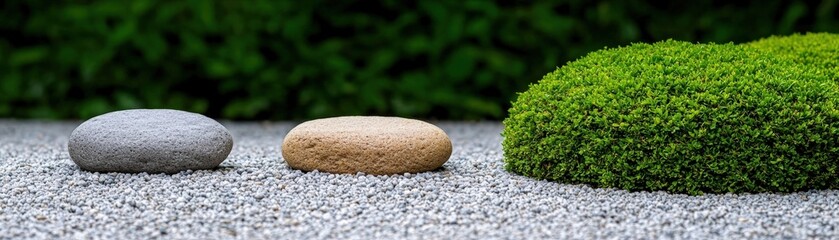 Calm Zen Garden with Smooth Rocks and Lush Greenery for Relaxation and Meditation Practices
