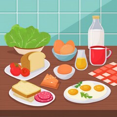 Morning breakfast ingredients for sandwich laying on kitchen table concept. 