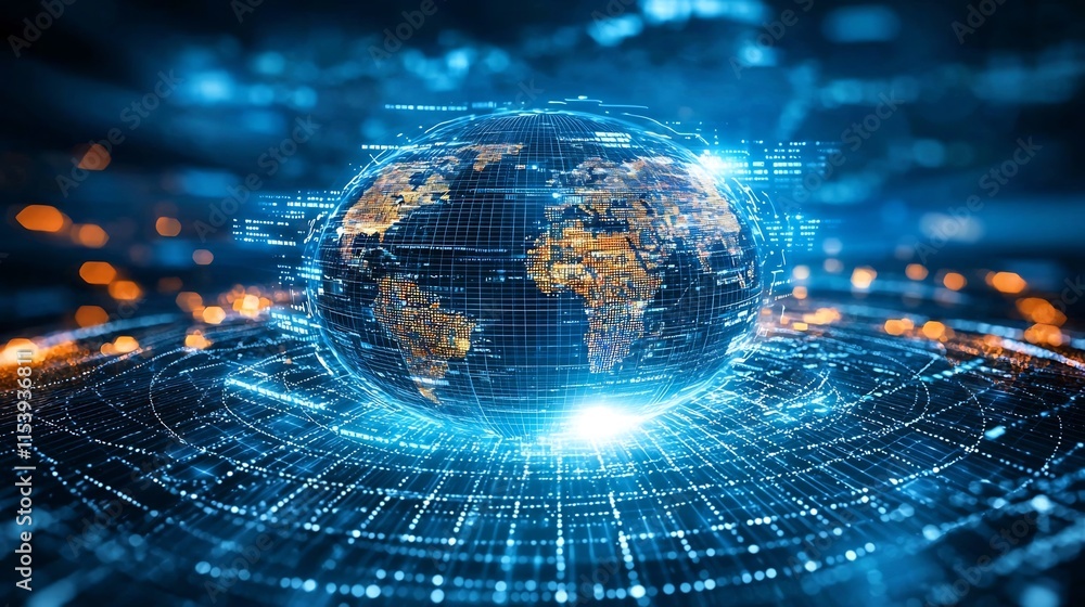 Poster futuristic digital globe and financial data network visualization global market statistics overlaid 