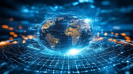 Futuristic digital globe and financial data network visualization  Global market statistics overlaid on a vibrant digital grid background
