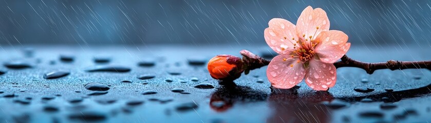 Delicate Cherry Blossom Flower with Raindrops on Dark Surface in Soft Rainy Atmosphere