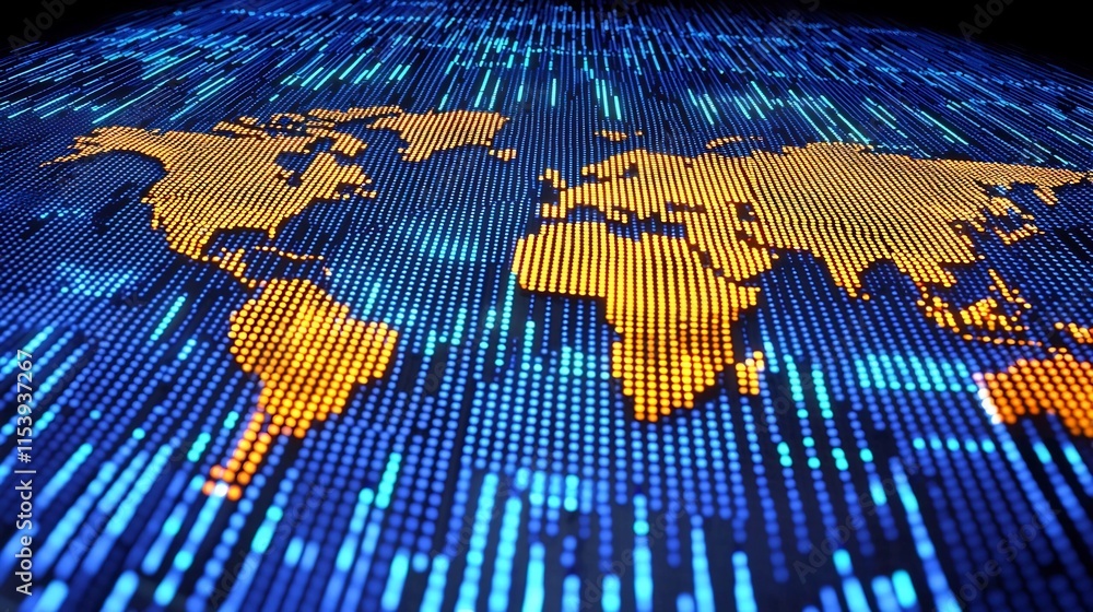 Poster captivating digital world map with intricate grid patterns and vibrant data visualizations represent