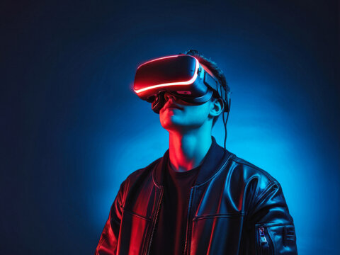 A futuristic portrait of a young man wearing VR goggles, illuminated by vibrant neon blue and red lighting, immersed in a digital world. Generative AI