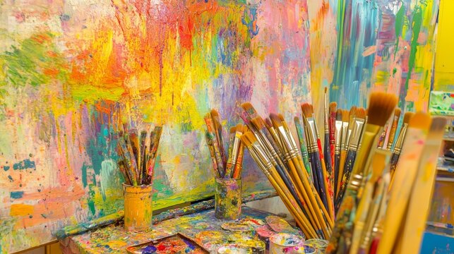 A vibrant painting workshop in a colorful art studio, Paintbrushes and canvases arranged artistically, Artistic creation style