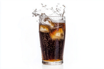 Selective focus cola soda with ice isolated on white background, Refreshing sparking water with ice concept for commercial advertisement.