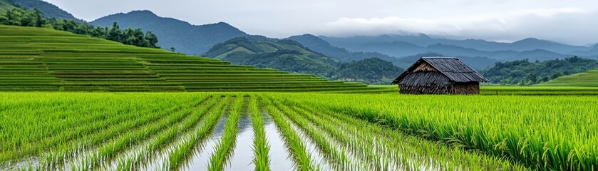 Naklejka premium Lush Green Rice Fields and Traditional Wooden House in Scenic Rural Landscape