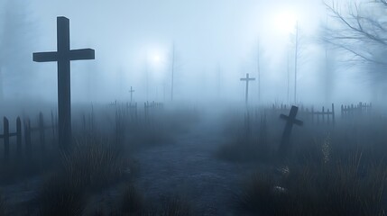 Naklejka premium Foggy graveyard with crosses at night.