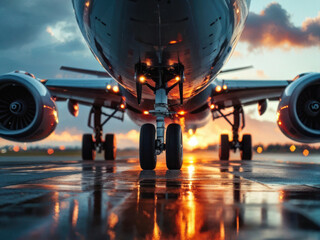 Close-up of airplane wheels touching down on the runway, with sparks and motion blur under a dramatic sky. The moment of impact is full of energy and motion. Generative AI
