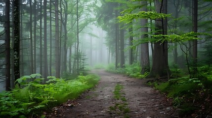 Obraz premium Mysterious forest path enveloped in mist, flanked by tall trees on either side. The atmospheric scene evokes a sense of tranquility, intrigue, and natural beauty.