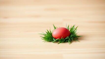 A single red egg nestled in vibrant green grass sits on a light wood surface