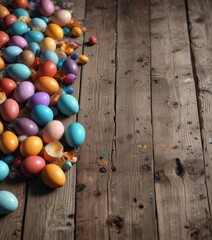 Obraz premium Brightly colored eggs scattered on weathered wood planks , holiday, country