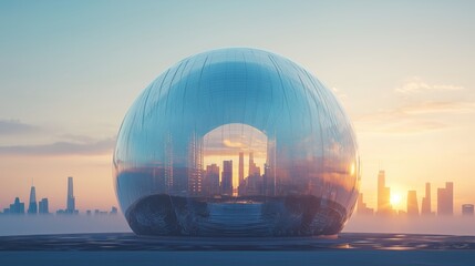 Obraz premium Futuristic Transparent Dome Structure Against Urban Backdrop at Sunset