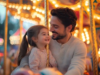 Father and daughter laugh on a colorful carousel at a carnival, surrounded by bright lights and quirky decorations. The image radiates warmth and happiness, ideal for family product ads or  bonding.
