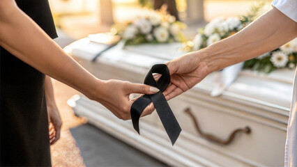 Two hands exchange a black ribbon at a funeral ceremony next to a white coffin