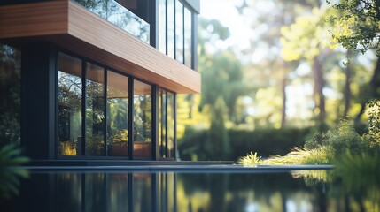 Fototapeta premium Modern Architectural Design with Glass and Wood Elements in Nature