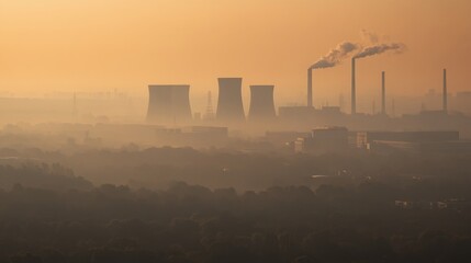 Industrial pollution impact urban area environmental photography foggy atmosphere distant view air quality concerns