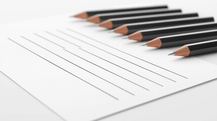 A close-up image of black pencils arranged neatly next to blank lines on a sheet of paper, ideal for sketching or note-taking.