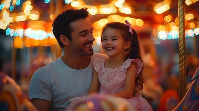 Father and daughter laugh on a colorful carousel at a carnival, surrounded by bright lights and quirky decorations. The image radiates warmth and happiness, ideal for family product ads or  bonding.