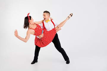 Full body photo of two partners arms hold dancing contest empty space isolated on white color...