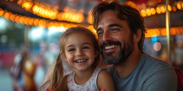 Father and daughter laugh on a colorful carousel at a carnival, surrounded by bright lights and quirky decorations. The image radiates warmth and happiness, ideal for family product ads or  bonding.