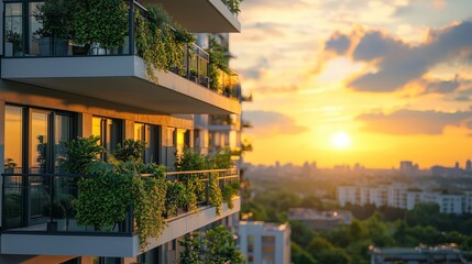 Fototapeta premium Modern Balcony with Greenery Overlooking Sunset in Urban Cityscape