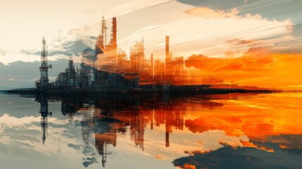 Fototapeta premium Industrial reflections at sunset oil rig silhouettes coastal horizon digital artwork tranquil waters aesthetic perspective