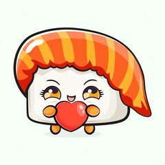 Cute funny Sushi with heart in hand. Vector hand drawn cartoon kawaii character illustration icon. Isolated on light green background. Sushi character concept