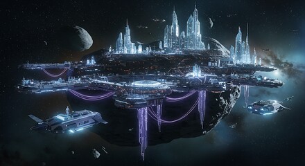 A futuristic space city built on a floating asteroid, with glowing lights and sleek architecture
