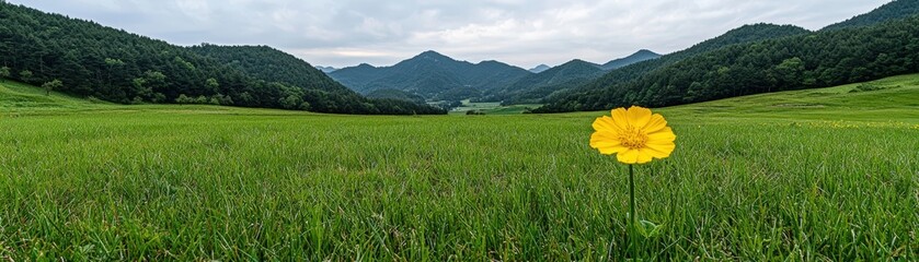Fototapeta premium Vibrant Yellow Flower Against Lush Green Field and Mountainous Landscape Under Cloudy Sky