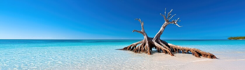 Tranquil Seascape with Weathered Tree and Crystal Clear Turquoise Waters on Sandy Beach