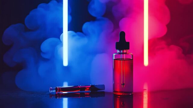 This image showcases a stylish vape bottle next to a pod device, set against a foggy backdrop. Ideal for marketing vape products and lifestyle visuals. Generative AI