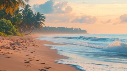 Serene Tropical Beach with Gentle Waves and Lush Palm Trees at Sunset