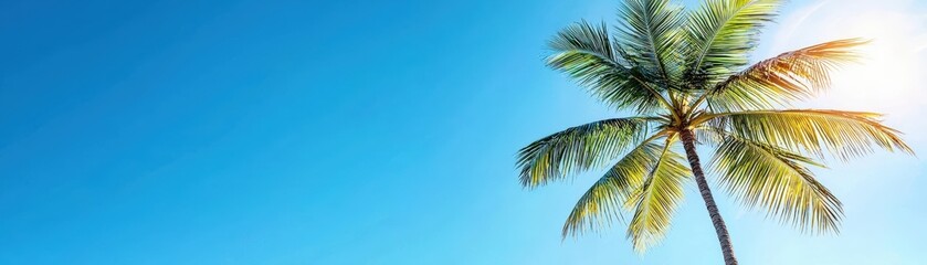 Lush Tropical Palm Tree Against Clear Blue Sky with Bright Sunlight and Vibrant Colors