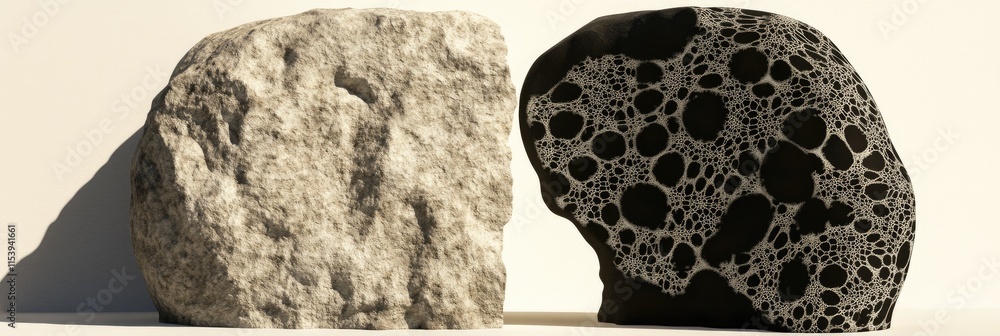 Poster two contrasting rocks, one light and textured, the other dark with bubble-like patterns.