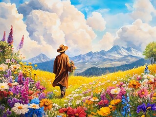 Fototapeta premium Starseed, Starseed Walking Through a Vibrant Floral Landscape