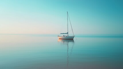 Fototapeta premium Serene Sailboat Anchored on Tranquil Waters at Sunrise