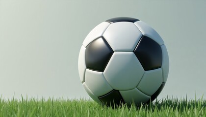 Fototapeta premium Classic black-and-white soccer ball resting on green grass against a neutral background, perfect for sports and recreation themes