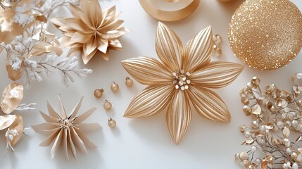 A collection of elegant golden floral decorations and embellishments arranged aesthetically on a light background.
