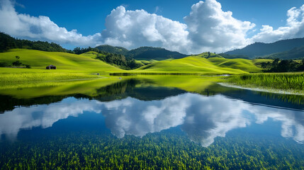 Tranquil reflection on lush green hills serene lake landscape natural beauty peaceful environment scenic view