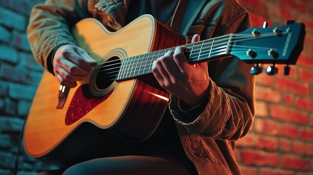 This image captures a musician playing an acoustic guitar in a cozy setting. The warm colors enhance the emotional feel. Perfect for music and lifestyle themes. Generative AI
