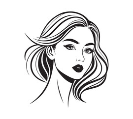 Set of stylized woman faces. Modern single line art. Woman beauty fashion concept, minimalistic style Black and white