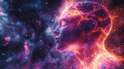 Fototapeta premium Human profile with glowing brain and cosmic energy in a nebula background 