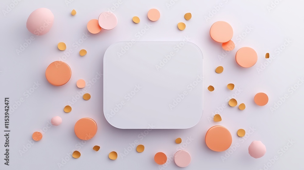 Poster a minimalistic design featuring a blank square surrounded by pastel circles and confetti-like shapes