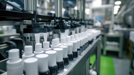 Obraz premium Close-up of a Conveyor Belt Filling Bottles in a Factory