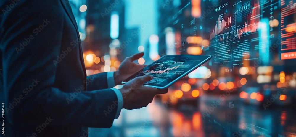 Poster professional using a tablet with data visuals in a cityscape background.