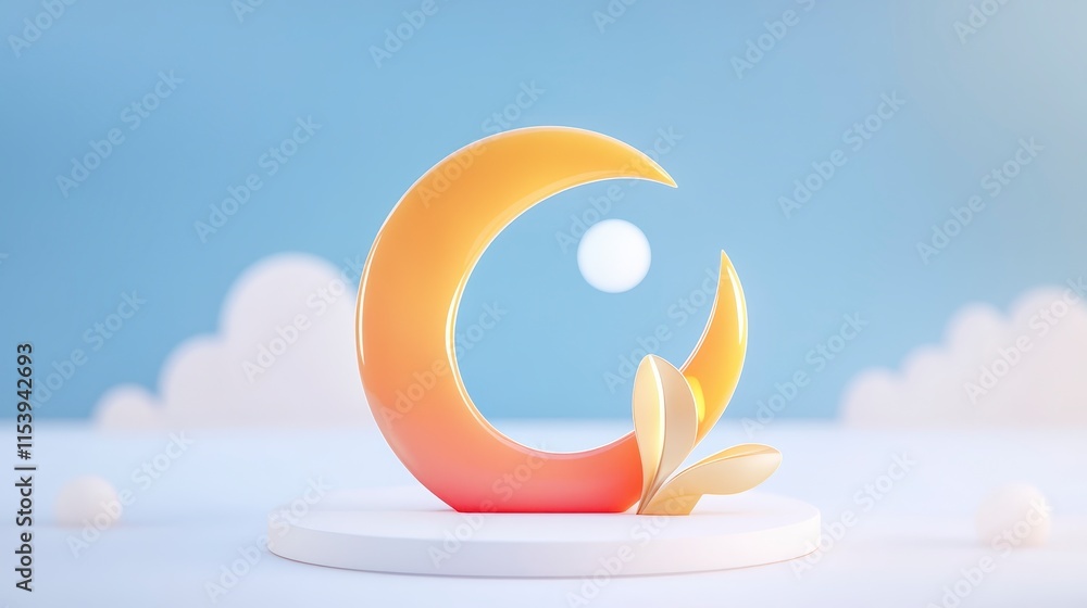 Poster a colorful crescent moon design with a soft gradient, accompanied by a cloud background, creating a 