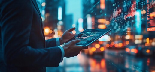 Professional using a tablet with data visuals in a cityscape background.
