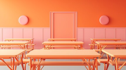 Simplistic design of classroom tables in muted orange and pink with a returning to college theme